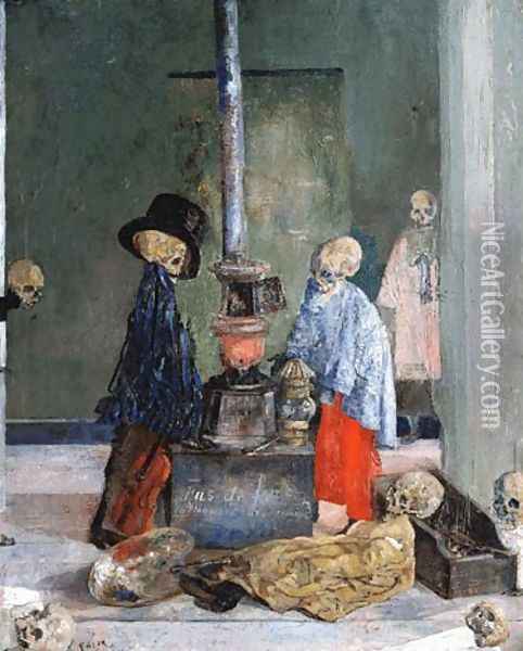 Skeletons Warming Themselves Oil Painting - James Ensor