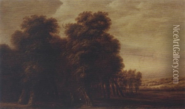 A Wooded Landscape With Travellers On A Path Oil Painting - Jacob van Geel