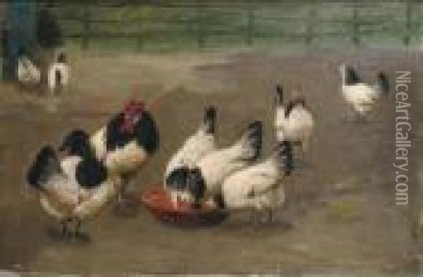 Chickens Feeding Oil Painting - August Le Gras