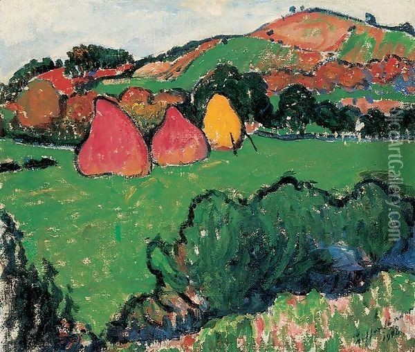 Landscape at Nagybanya with Haystacks 1915 Oil Painting - Robert King