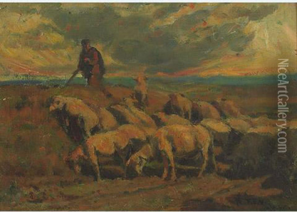 Herding The Flock Under Pink Skies Oil Painting - Jules Hereau