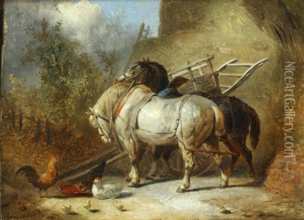 Ponies With Chickens Before A Cart And Hayrick Oil Painting - William H. Hopkins
