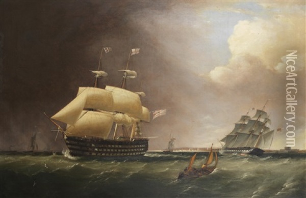 H.m.s. Nelson Outward Bound From Portsmouth, In A Heavy Swell, With A Frigate Heading Into Port Off Her Stern Oil Painting - Robert Strickland Thomas