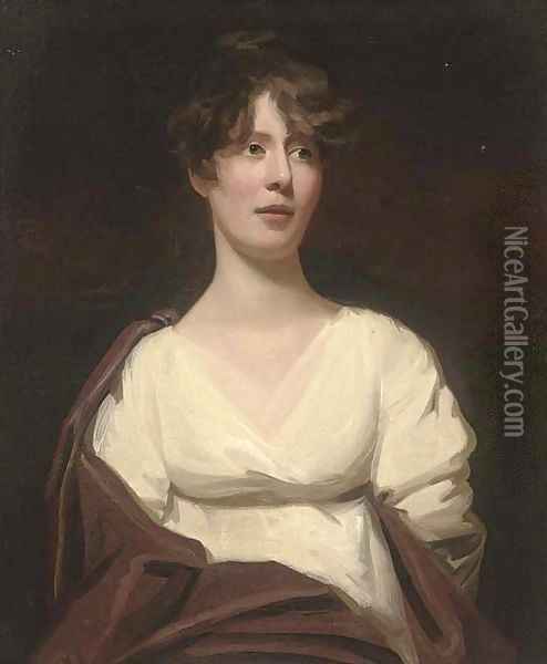 Portrait of a lady, half-length, in a white dress with a brown wrap Oil Painting - Sir Henry Raeburn