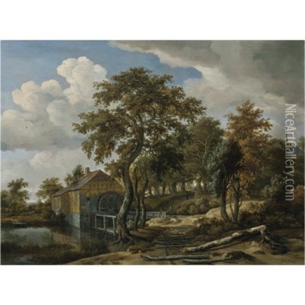 Summer Landscape With A Watermill Oil Painting - Meindert Hobbema