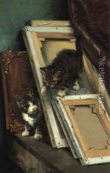 Kittens Playing In The Artist's Studio Oil Painting - Wilson Hepple