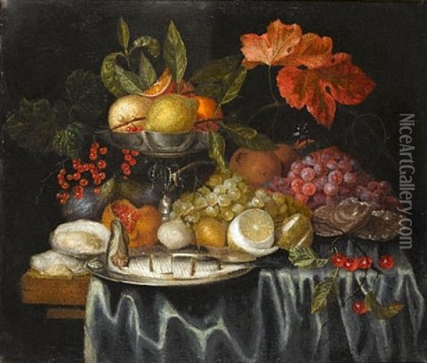 A Still Life Of Oysters, A Silver Tazza With Oranges And Lemons, Fish On A Silver Dish And Other Fruit On A Table Draped With A Blue Cloth Oil Painting - Jan Pauwel Gillemans The Elder