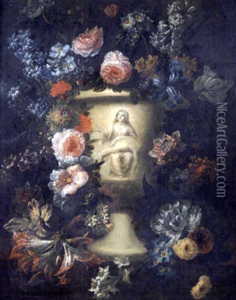 Guirlande De Fleurs Entourant Un Vase Decore D'une Pieta Oil Painting - Jan-Baptiste Bosschaert