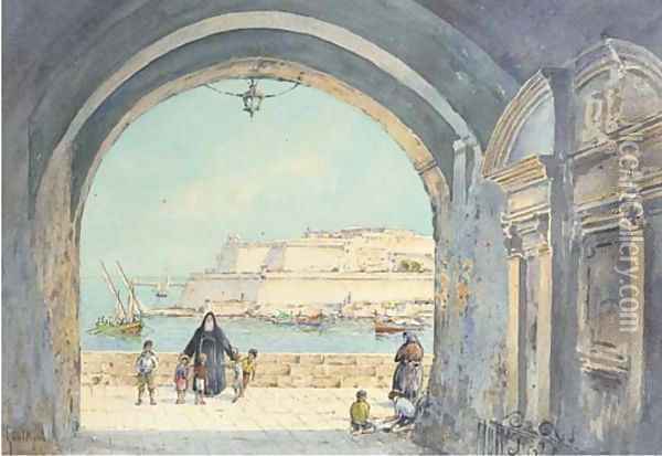 Figures on the fortress walls, Valetta, Malta Oil Painting - Angelos Giallina