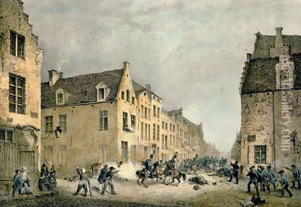 Diversion of a Dutch Division at the Porte de Flandre, Brussels, 23rd September 1830, engraved by Jean Baptiste Madou 1796-1877 Oil Painting - Gustave Adolphe Simoneau