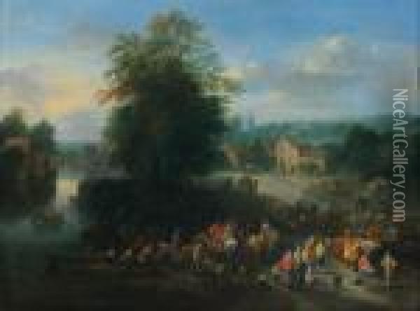 Village Flamand Pres D'une Riviere Avec Scene De Marche Oil Painting - Theobald Michau