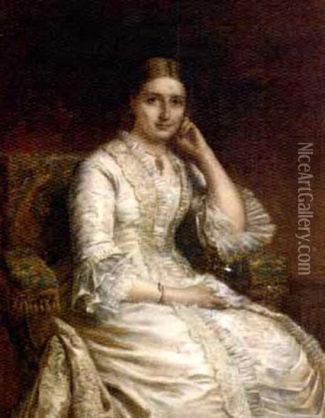Portrait Of A Lady In A White Dress, In A Panelled Interior Oil Painting - Edwin Long