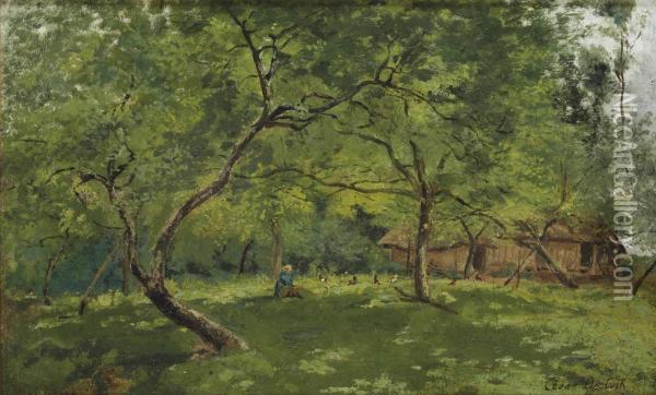 A Farm In A Wooded Landscape Oil Painting - Cesar De Cock