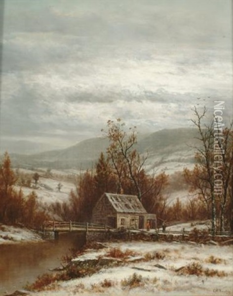 Figures By A House In A Winter Landscape Oil Painting - Charles Wilson Knapp