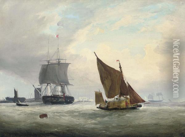 A Hay Barge And Other Shipping On The Medway Oil Painting - Frederick Calvert