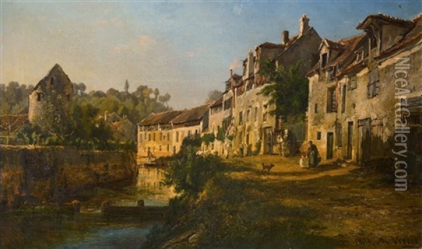 Ansicht Von Crecy-en-brie, Quai Des Tanneries Oil Painting - Alexandre Rene Veron