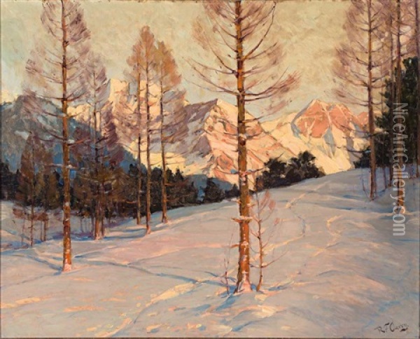 Sonnig Beleuchtete Winterlandschaft Mit Gebirgshintergrund Oil Painting - Robert Franz Curry