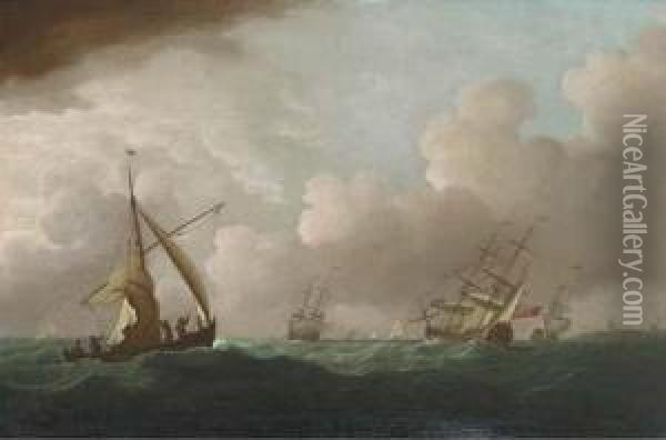 English Men-o'war And Other Shipping In A Swell Off Flushing Oil Painting - Joris van der Haagen or Hagen