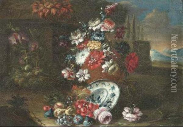 Natura Morta Con Fiori, Frutta E Paesaggio Sullo Sfondo Natura Morta Con Fiori E Frutta Oil Painting - Anna Caterina Gili