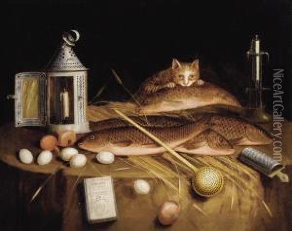 Kitchen Still Life With Fish And Cat Oil Painting - Sebastien Stoskopff