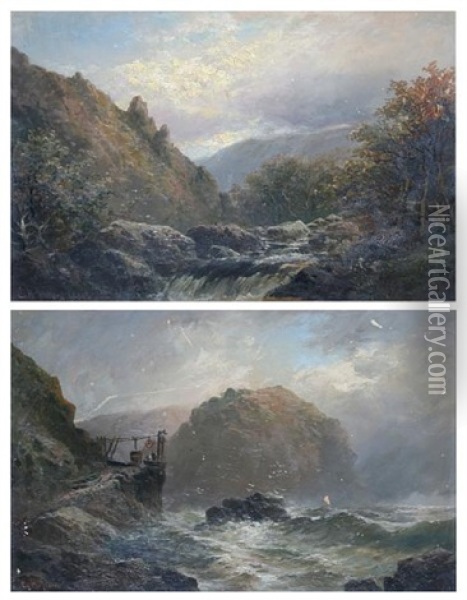 A Moorland River Landscape (+ Coastal Scene; Pair) Oil Painting - George Henry Jenkins