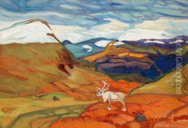 Autumn Landscape With Reindeer Oil Painting - Helmer Osslund