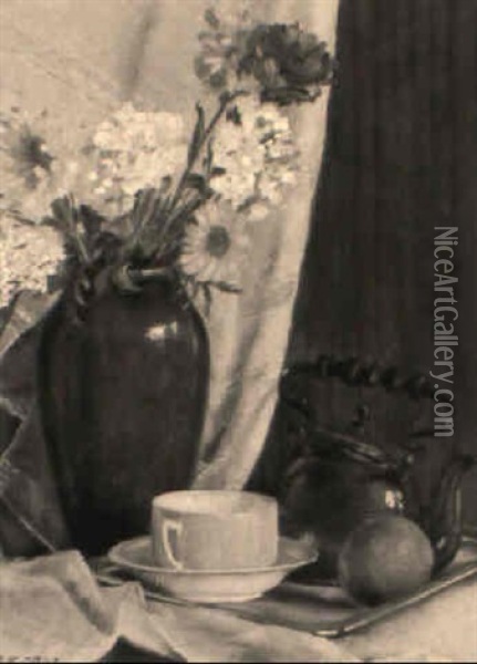 Stilleben Mit Blumenstraus In Ziegelroter Vase Und Gelber Teetasse Oil Painting - Ferdinand Kruis
