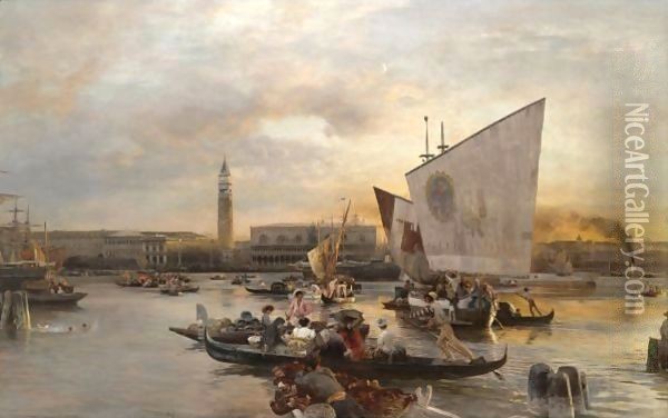 Blick Gen Dogenpalast Und St. Marco (View Of The Doges Palace And St. Mark'S) Oil Painting - Oswald Achenbach