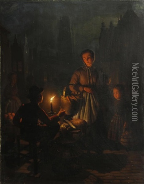 A Night Market Oil Painting - Andreas Franciscus ver Meulen