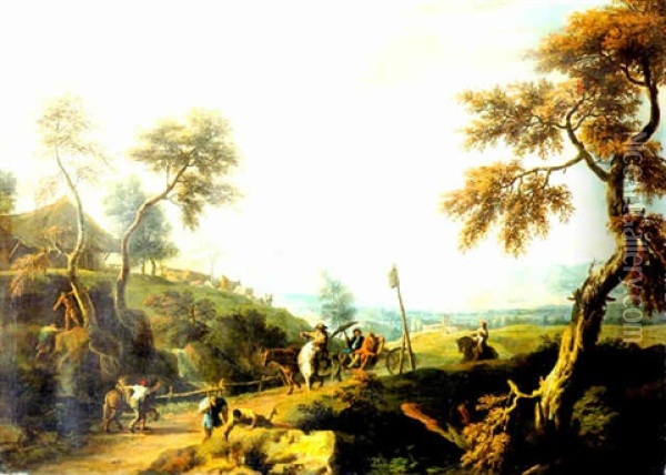 A Wooded Landscape With Gentlemen In A Carriage On A Road In The Foreground, A Valley Beyond Oil Painting - Marco Ricci