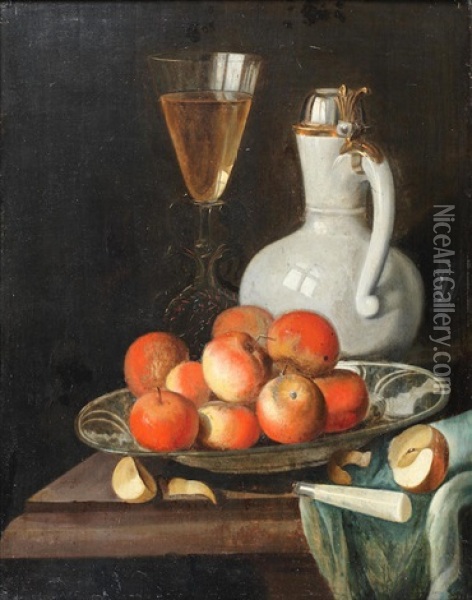 A Bowl Of Apples With A Stone Jug And Glass Of Wine On A Stone Ledge Oil Painting - Juriaen van Streeck