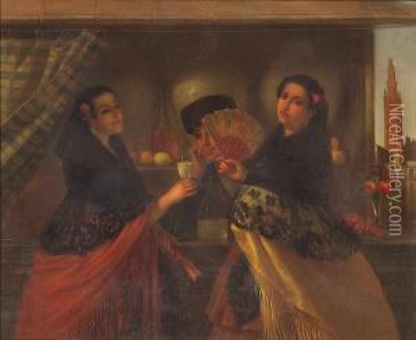 Ladies In Traditional Sevillan 
Dress At A Vendor's Stall With The Giralda Tower Of Seville Beyond Oil Painting - George Henry Hall