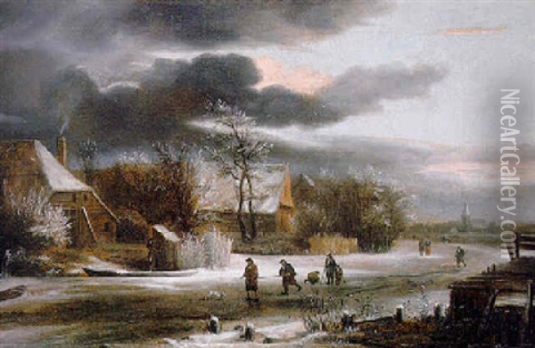 A Winter Landscape With Villagers On A Path, A Church Beyond Oil Painting - Jacob Van Ruisdael