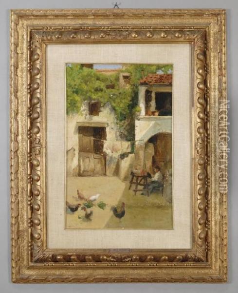 In Cortile Oil Painting - Enrico Reycend