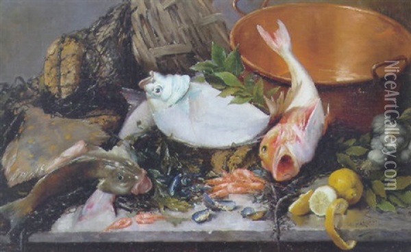 Nature Morte Med Fisk Oil Painting - Georges Jean Marie Haquette