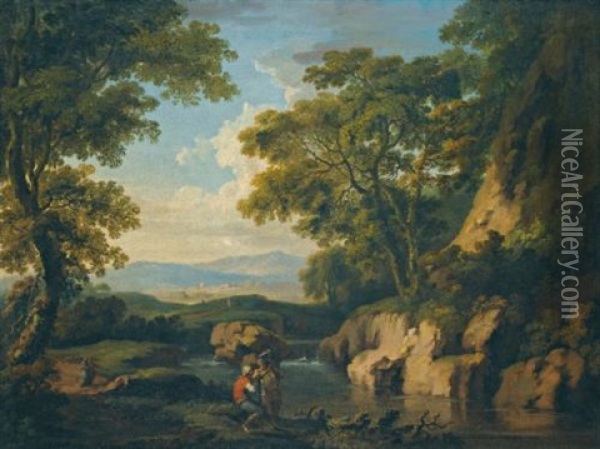 A Mountainous Wooded Landscape With Figures By A River In The Foreground Oil Painting - George Barret
