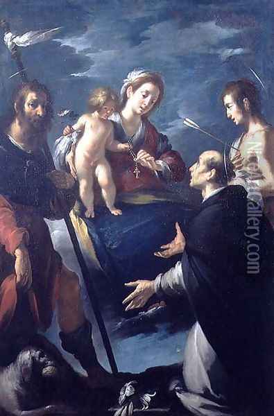 Madonna of the Rosary with St. Roch, St. Dominic and St. Sebastian Oil Painting - Bernardo Strozzi