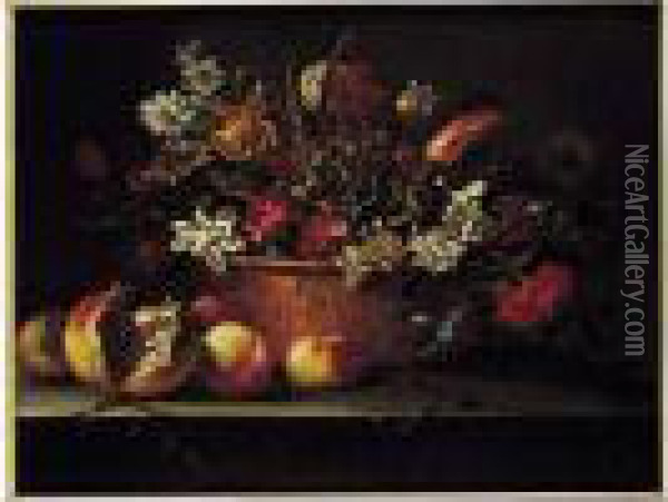 Bouquet De Fleurs Sur Un Entablement Avec Des Grenades Oil Painting - Abraham Brueghel