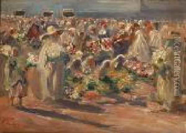 A Tangier Market, Morocco Oil Painting - Maurice Romberg De Vaucorbeil