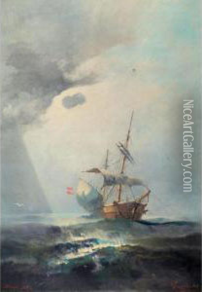 A Sailing Boat In Choppy Waters Oil Painting - Emilios Prosalentis