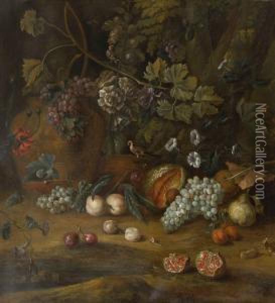 Stillleben Mit Fruchten, Blumen Und Vogeln In Landschaft Oil Painting - Justus van Huysum
