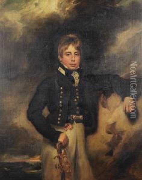 Portrait Of John Windham 
Dalling,three-quarter-length, As A Midshipman, Before A Stormylandscape Oil Painting - George Henry Harlow