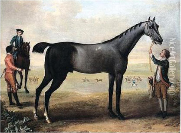 Childers, A Grey Racehorse Held 
By A Groom On Newmarket Heath, Another Racehorse To The Left And A Race 
In Progress Beyond Oil Painting - John Wootton