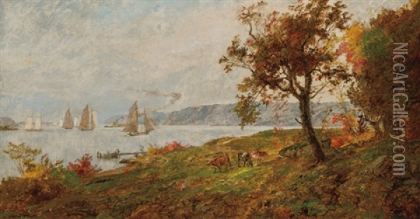 View Of The Palisades On The Hudson Oil Painting - Jasper Francis Cropsey