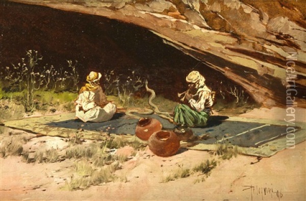 Zwei Nordafrikanische Manner Auf Einem Grosen Teppich Mit Zwei Schlangen Im Hellen Licht Oil Painting - Riccardo Pellegrini