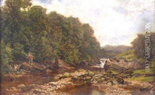 On The River Llugwy, North Wales, And Man With His Dog. Signed Anddated 1889 Oil Painting - Alfred de Breanski