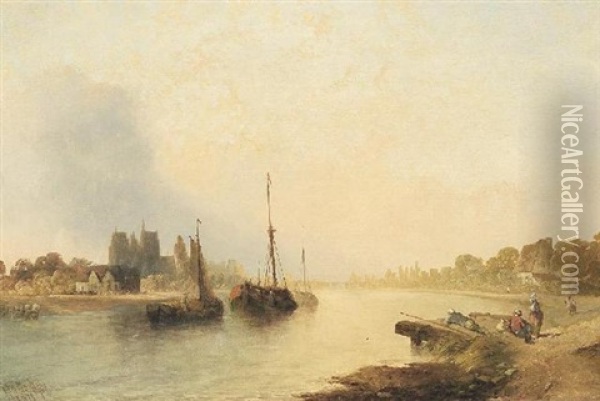 Landschaft An Der Seine. Am Vorderen Ufer Angelnde Kinder Oil Painting - Alfred Montague