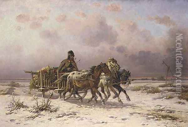A peasant in a sledge driving three horses Oil Painting - Adolf van der Venne