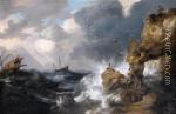 A Whaler Shipwrecked Off A Rocky
 Coast In A Gale, With A Whalerising In The Sea, Other Shipping And 
Survivors On An Outcrop Inthe Foreground Oil Painting - Bonaventura, the Elder Peeters