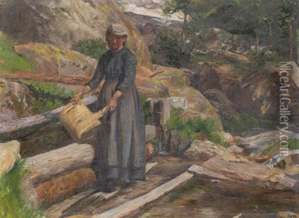 Bauersfrau Am Brunnen, Eine Milchbrante Waschend Oil Painting - Giovanni Giacometti